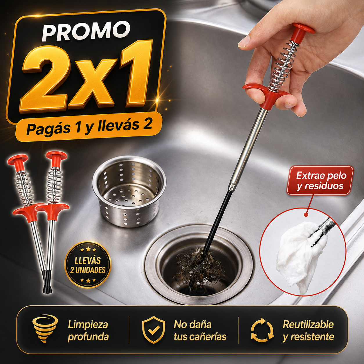 Garra flexible sacando residuos del desag&uuml;e